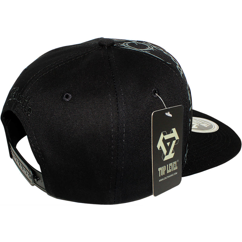 TOP LEVEL : HUSTLE | Verbiage with Barbed Wire & Chain Print Design Snapback Cap