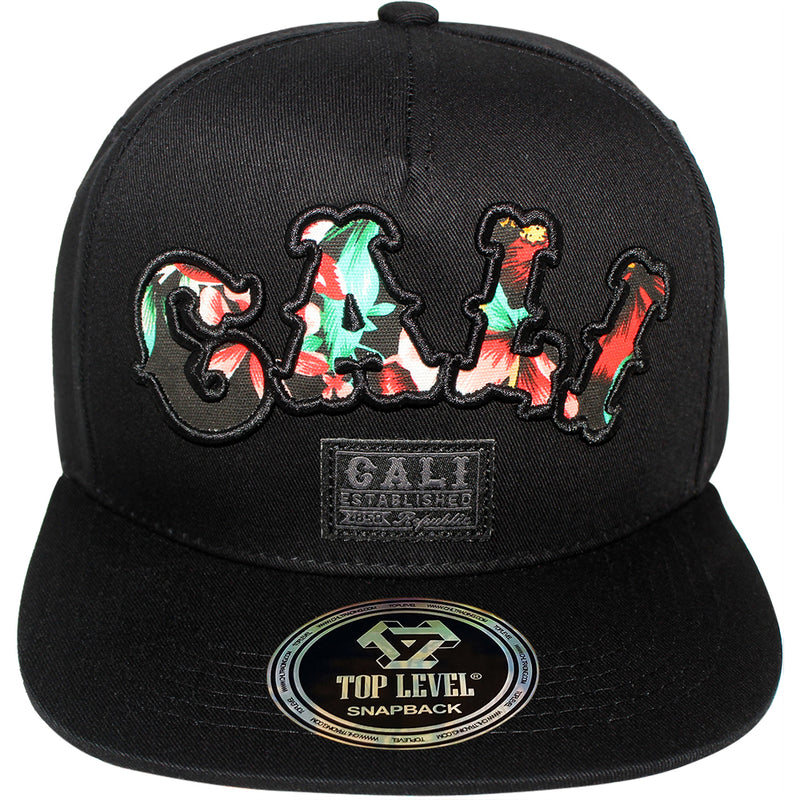 TOP LEVEL : CALIFORNIA | Front-raised Verbiage Embroidery with CALI Floral Print Design Snapback Cap