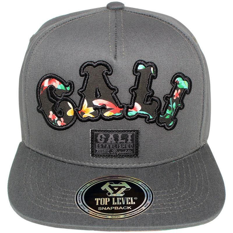 TOP LEVEL : CALIFORNIA | Front-raised Verbiage Embroidery with CALI Floral Print Design Snapback Cap