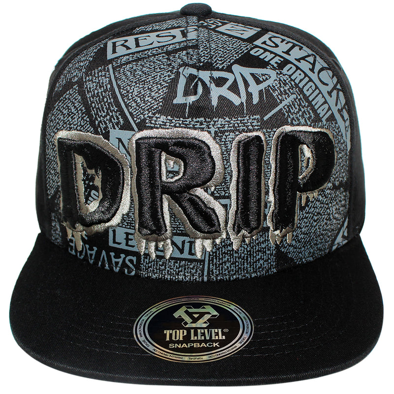 TOP LEVEL : DRIP | Front-raised Verbiage Embroidery and All-over Newspaper Print Design Snapback Cap