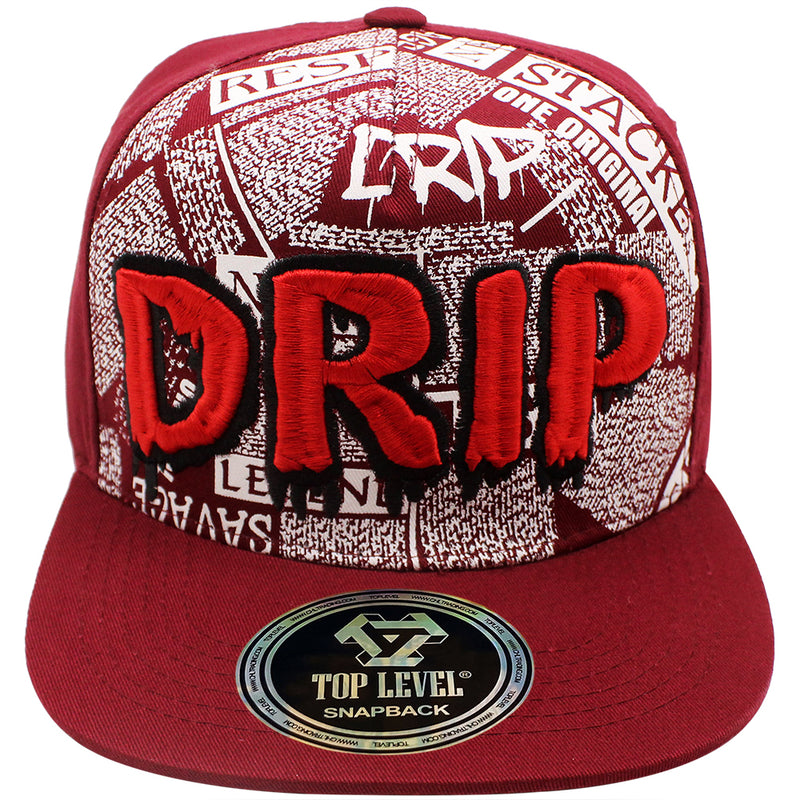 TOP LEVEL : DRIP | Front-raised Verbiage Embroidery and All-over Newspaper Print Design Snapback Cap