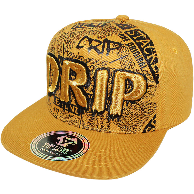 TOP LEVEL : DRIP | Front-raised Verbiage Embroidery and All-over Newspaper Print Design Snapback Cap