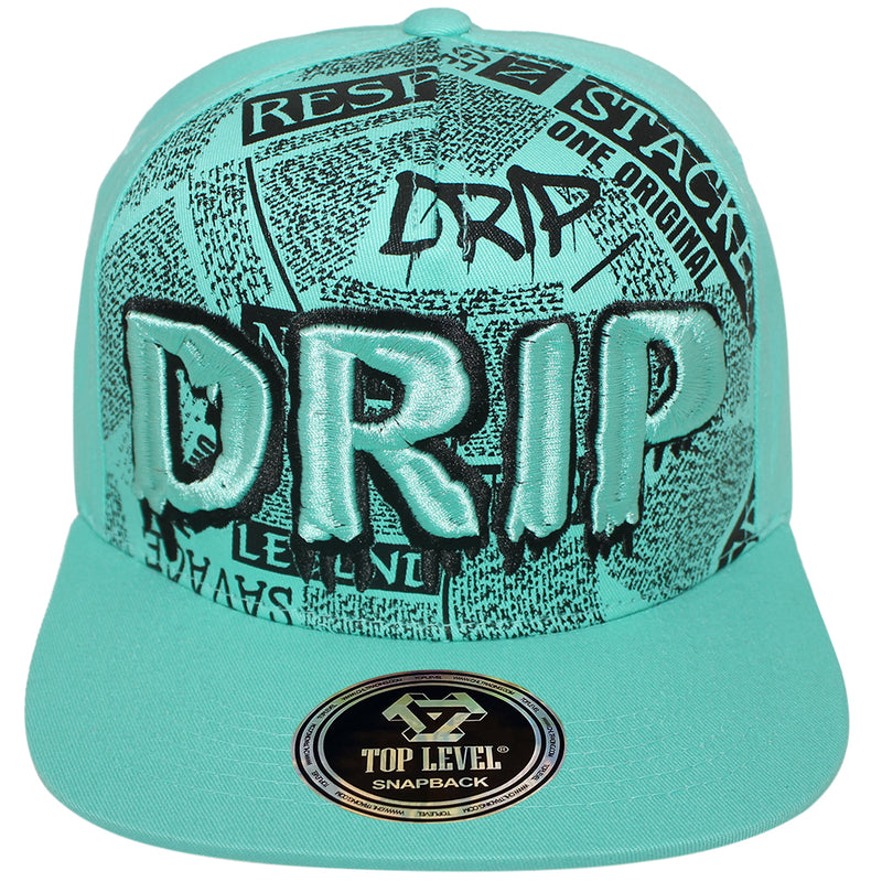 TOP LEVEL : DRIP | Front-raised Verbiage Embroidery and All-over Newspaper Print Design Snapback Cap