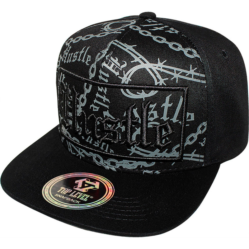 TOP LEVEL : HUSTLE | Verbiage with Barbed Wire & Chain Print Design Snapback Cap