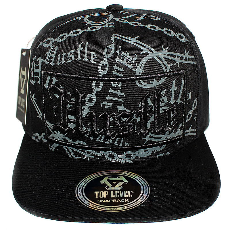 TOP LEVEL : HUSTLE | Verbiage with Barbed Wire & Chain Print Design Snapback Cap