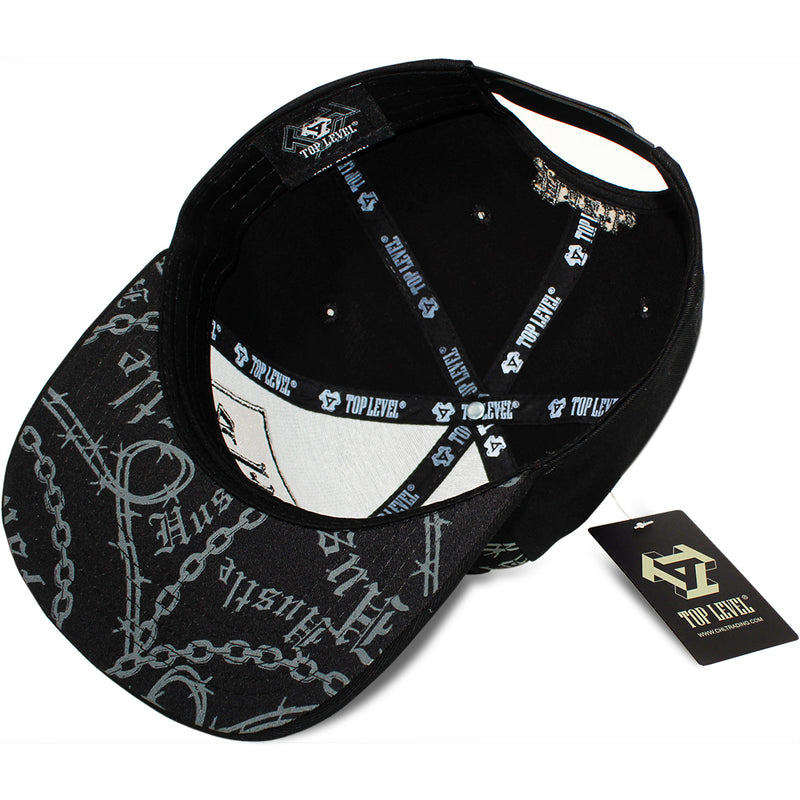 TOP LEVEL : HUSTLE | Verbiage with Barbed Wire & Chain Print Design Snapback Cap