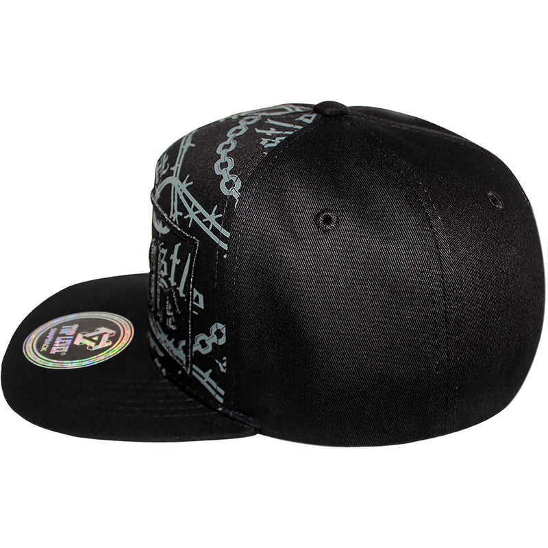 TOP LEVEL : HUSTLE | Verbiage with Barbed Wire & Chain Print Design Snapback Cap