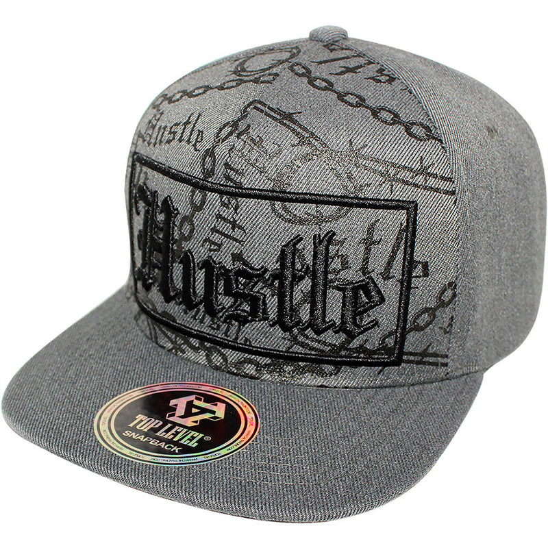 TOP LEVEL : HUSTLE | Verbiage with Barbed Wire & Chain Print Design Snapback Cap