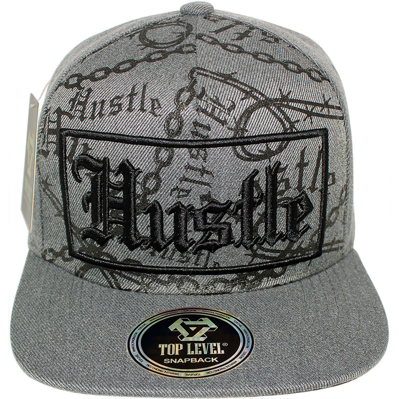 TOP LEVEL : HUSTLE | Verbiage with Barbed Wire & Chain Print Design Snapback Cap