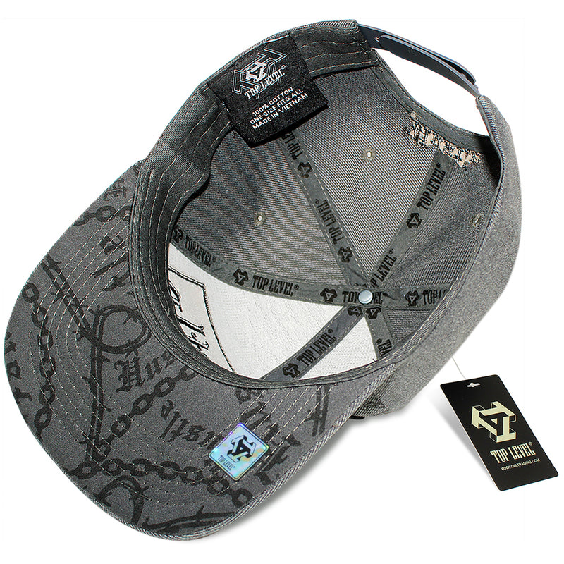 TOP LEVEL : HUSTLE | Verbiage with Barbed Wire & Chain Print Design Snapback Cap