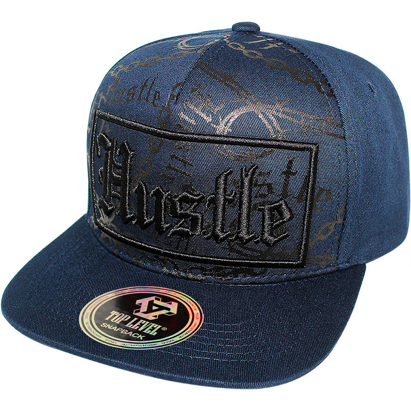 TOP LEVEL : HUSTLE | Verbiage with Barbed Wire & Chain Print Design Snapback Cap