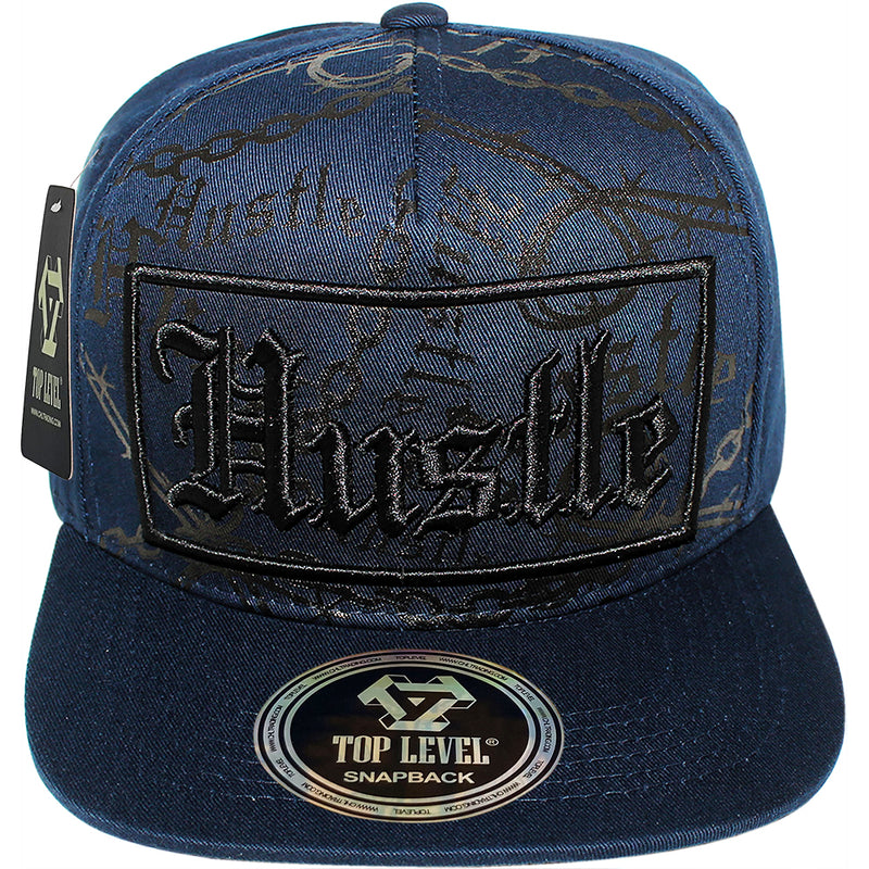 TOP LEVEL : HUSTLE | Verbiage with Barbed Wire & Chain Print Design Snapback Cap