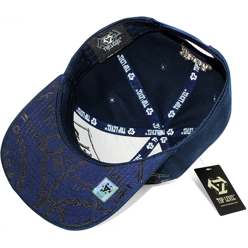 TOP LEVEL : HUSTLE | Verbiage with Barbed Wire & Chain Print Design Snapback Cap