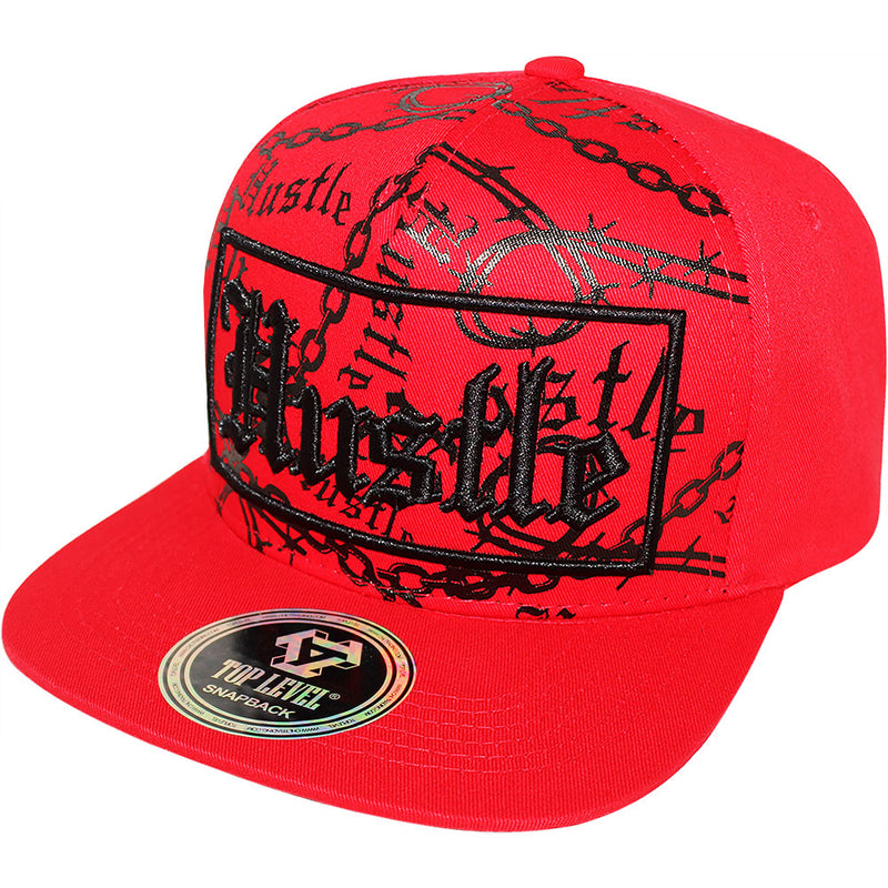 TOP LEVEL : HUSTLE | Verbiage with Barbed Wire & Chain Print Design Snapback Cap