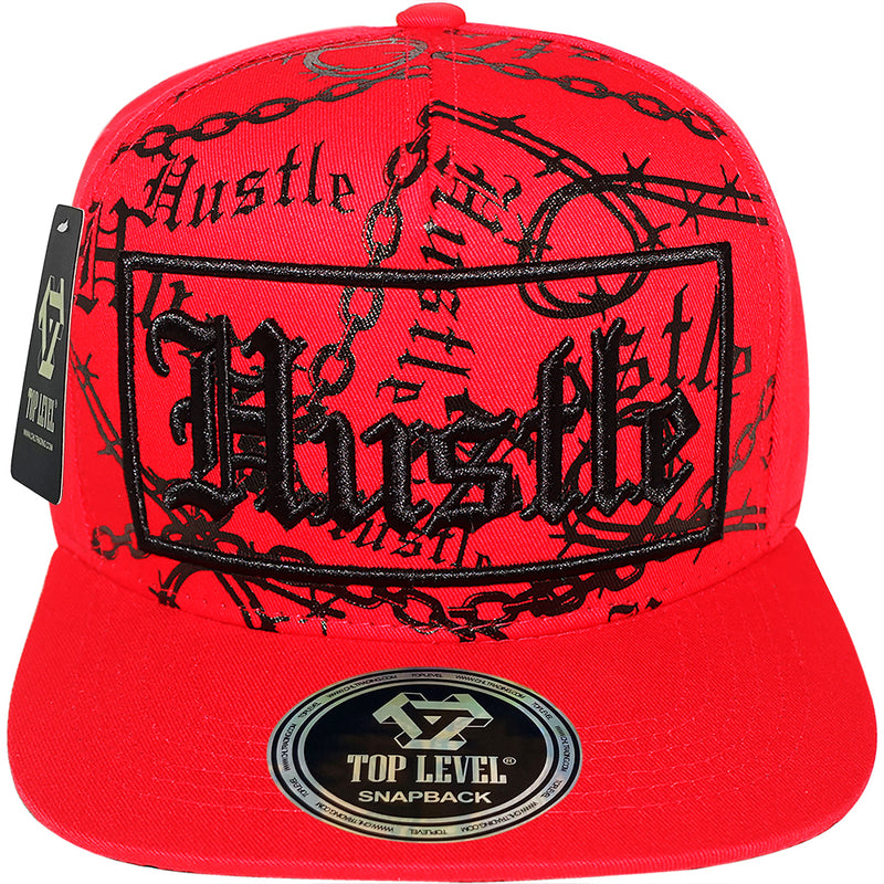 TOP LEVEL : HUSTLE | Verbiage with Barbed Wire & Chain Print Design Snapback Cap