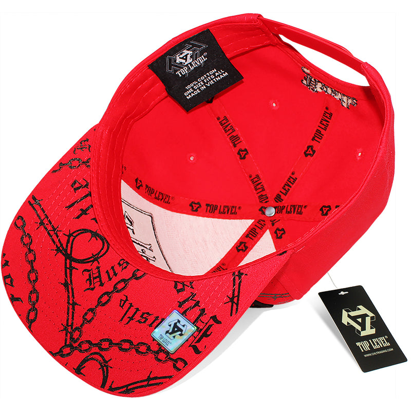 TOP LEVEL : HUSTLE | Verbiage with Barbed Wire & Chain Print Design Snapback Cap