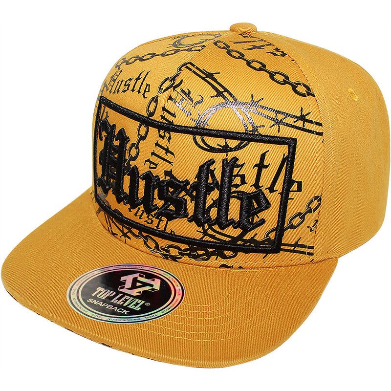 TOP LEVEL : HUSTLE | Verbiage with Barbed Wire & Chain Print Design Snapback Cap