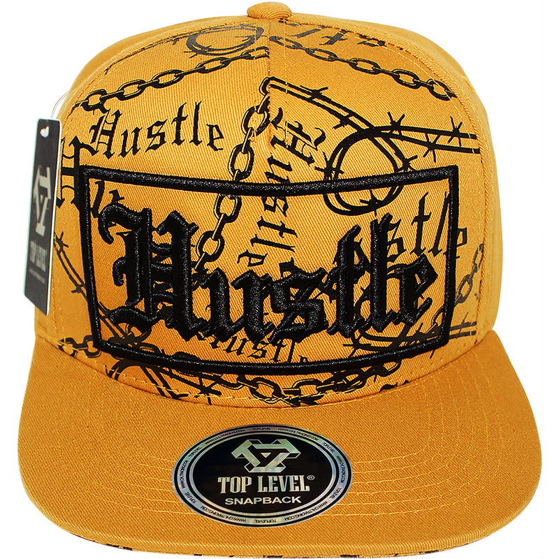 TOP LEVEL : HUSTLE | Verbiage with Barbed Wire & Chain Print Design Snapback Cap