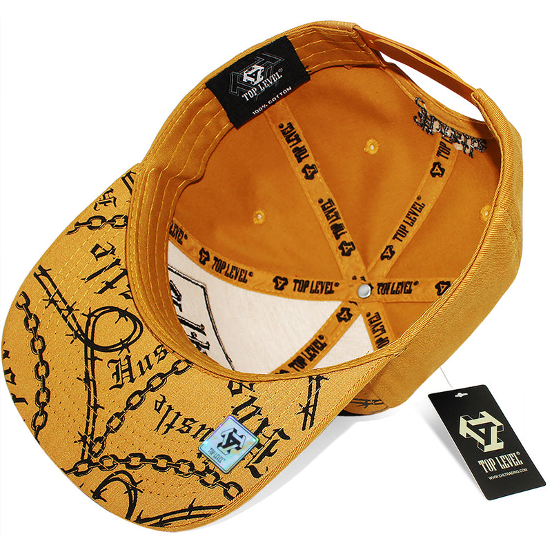 TOP LEVEL : HUSTLE | Verbiage with Barbed Wire & Chain Print Design Snapback Cap