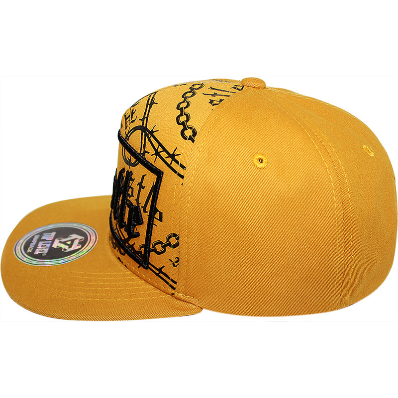 TOP LEVEL : HUSTLE | Verbiage with Barbed Wire & Chain Print Design Snapback Cap