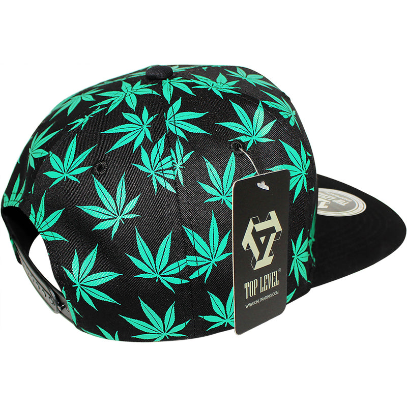 TOP LEVEL : MARIJUANA | Front Raised Embroidery with All-over Marijuana Print Design Snapback Cap