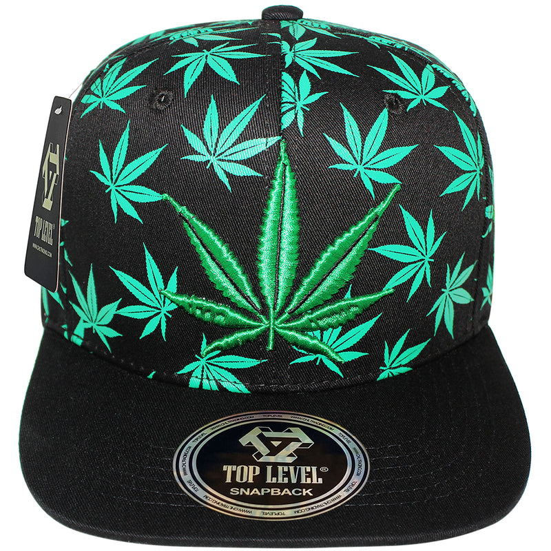 TOP LEVEL : MARIJUANA | Front Raised Embroidery with All-over Marijuana Print Design Snapback Cap