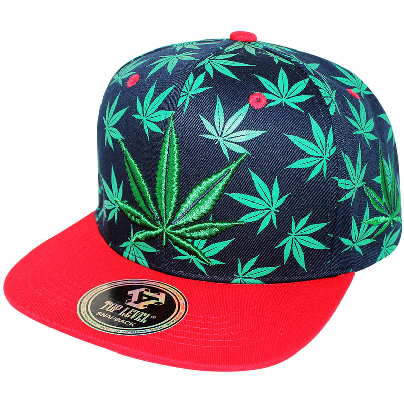 TOP LEVEL : MARIJUANA | Front Raised Embroidery with All-over Marijuana Print Design Snapback Cap