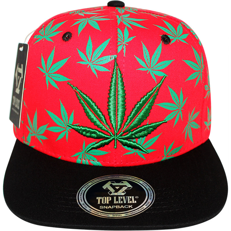 TOP LEVEL : MARIJUANA | Front Raised Embroidery with All-over Marijuana Print Design Snapback Cap