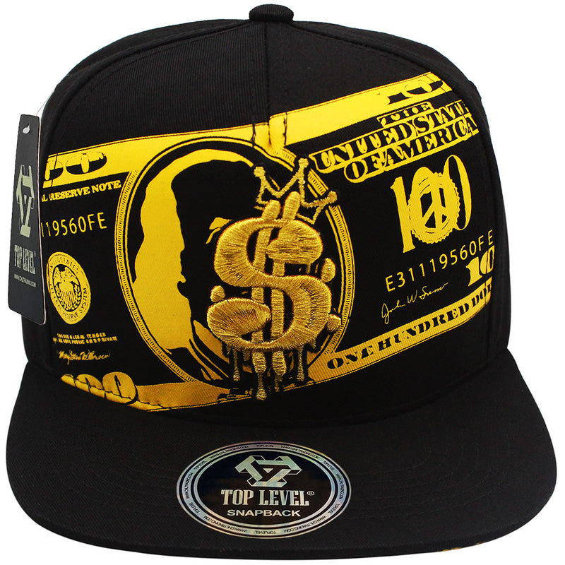 TOP LEVEL : MONEY | Unique Dripping Dollar Sign & $100 Bill Print Design Snapback Cap