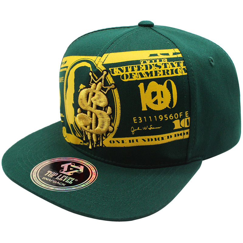 TOP LEVEL : MONEY | Unique Dripping Dollar Sign & $100 Bill Print Design Snapback Cap