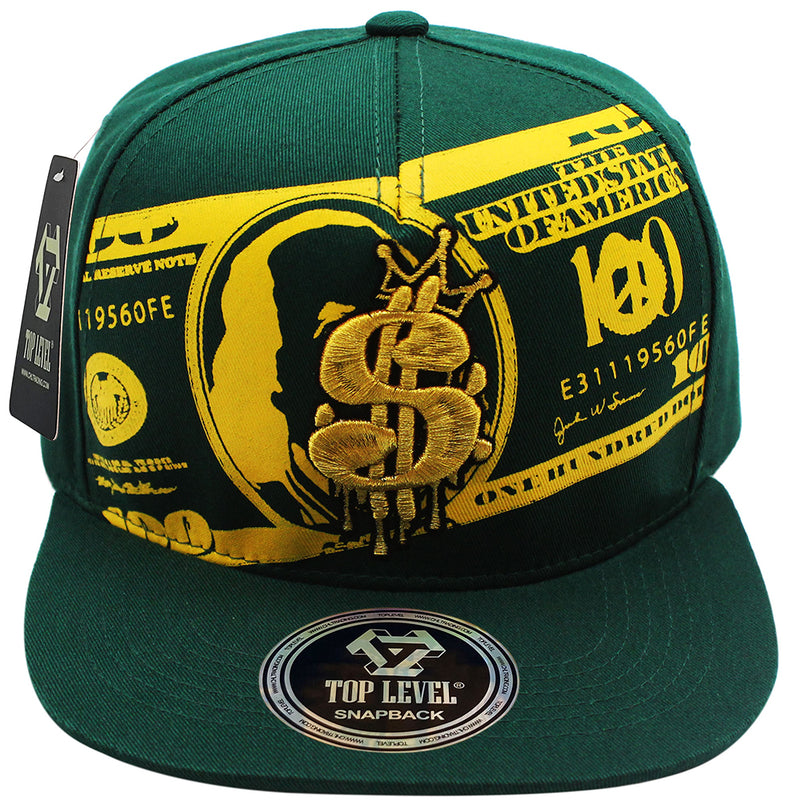 TOP LEVEL : MONEY | Unique Dripping Dollar Sign & $100 Bill Print Design Snapback Cap