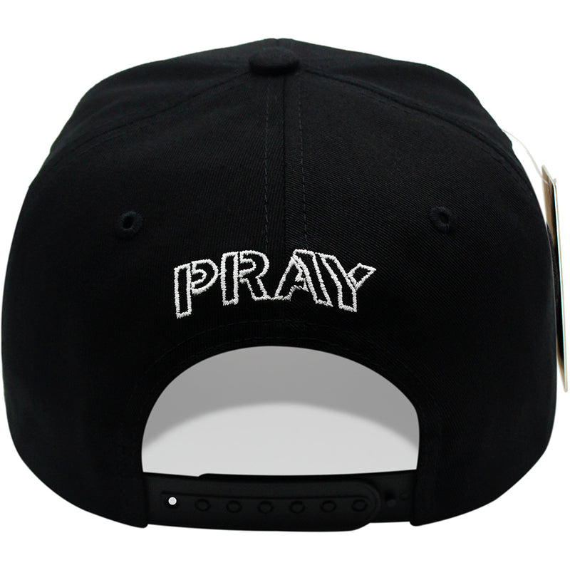 TOP LEVEL : PRAY | Front Raised Pray Verbiage Design with Prayer's Hand Print Design Snapback Cap