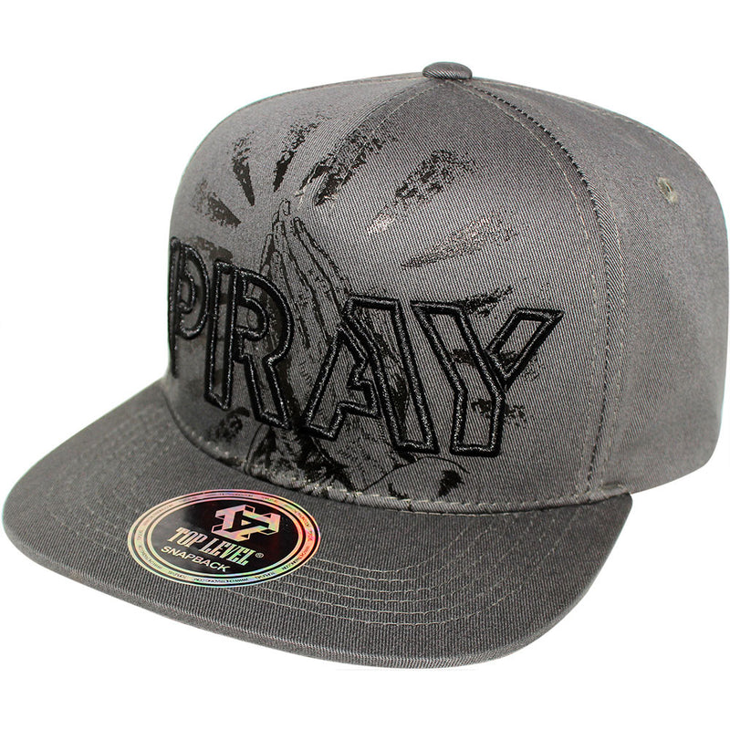 TOP LEVEL : PRAY | Front Raised Pray Verbiage Design with Prayer's Hand Print Design Snapback Cap