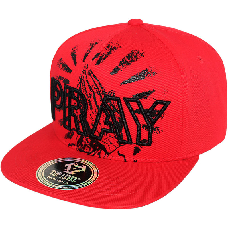 TOP LEVEL : PRAY | Front Raised Pray Verbiage Design with Prayer's Hand Print Design Snapback Cap