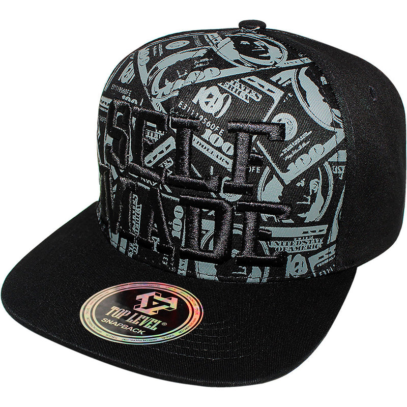 TOP LEVEL : SELF MADE | Verbiage with All-over Bill Print Design Snapback Cap