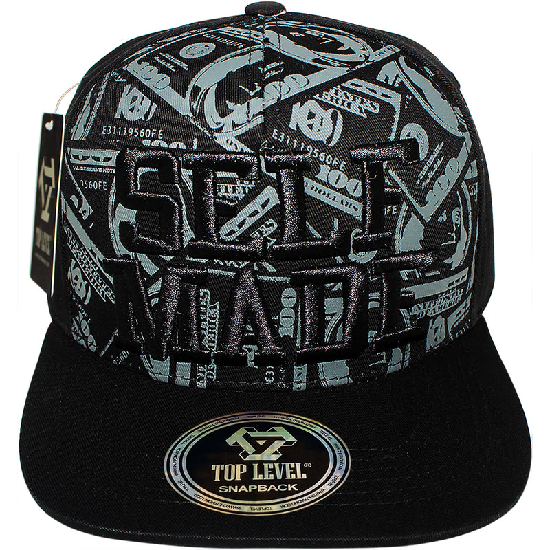 TOP LEVEL : SELF MADE | Verbiage with All-over Bill Print Design Snapback Cap