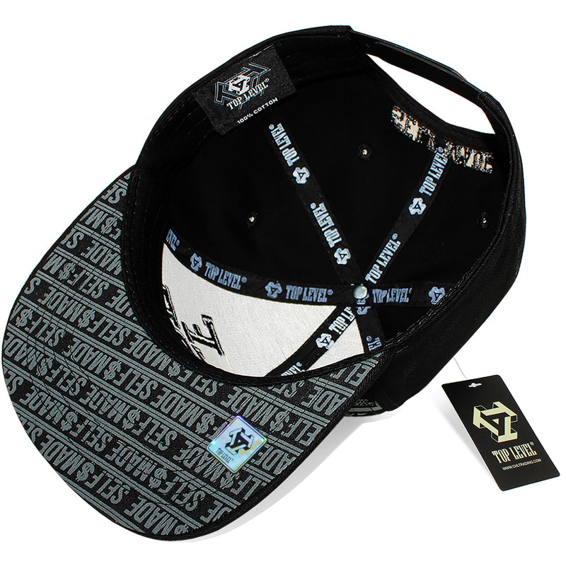 TOP LEVEL : SELF MADE | Verbiage with All-over Bill Print Design Snapback Cap