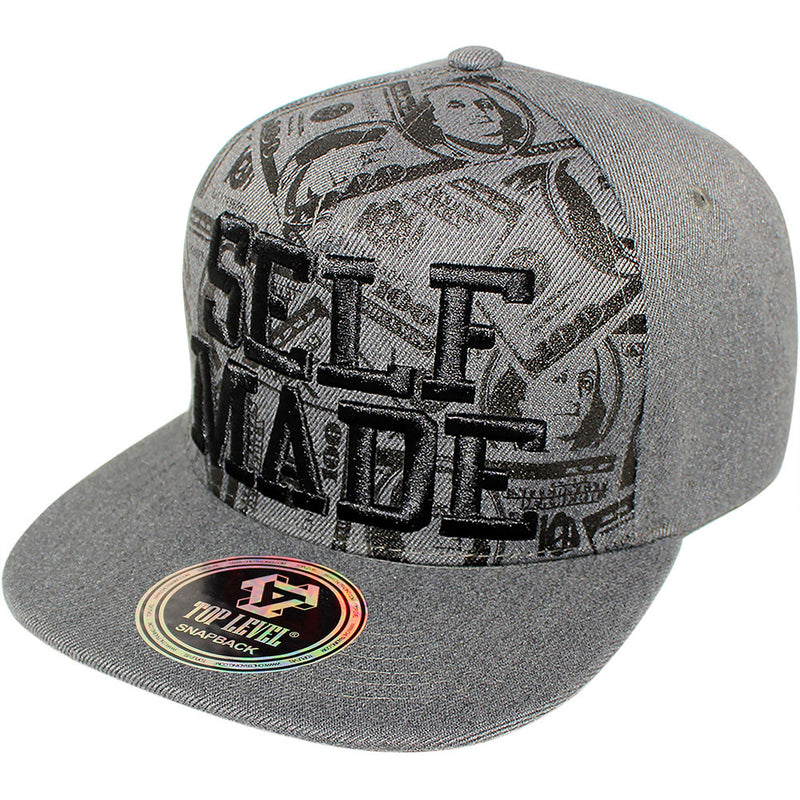 TOP LEVEL : SELF MADE | Verbiage with All-over Bill Print Design Snapback Cap