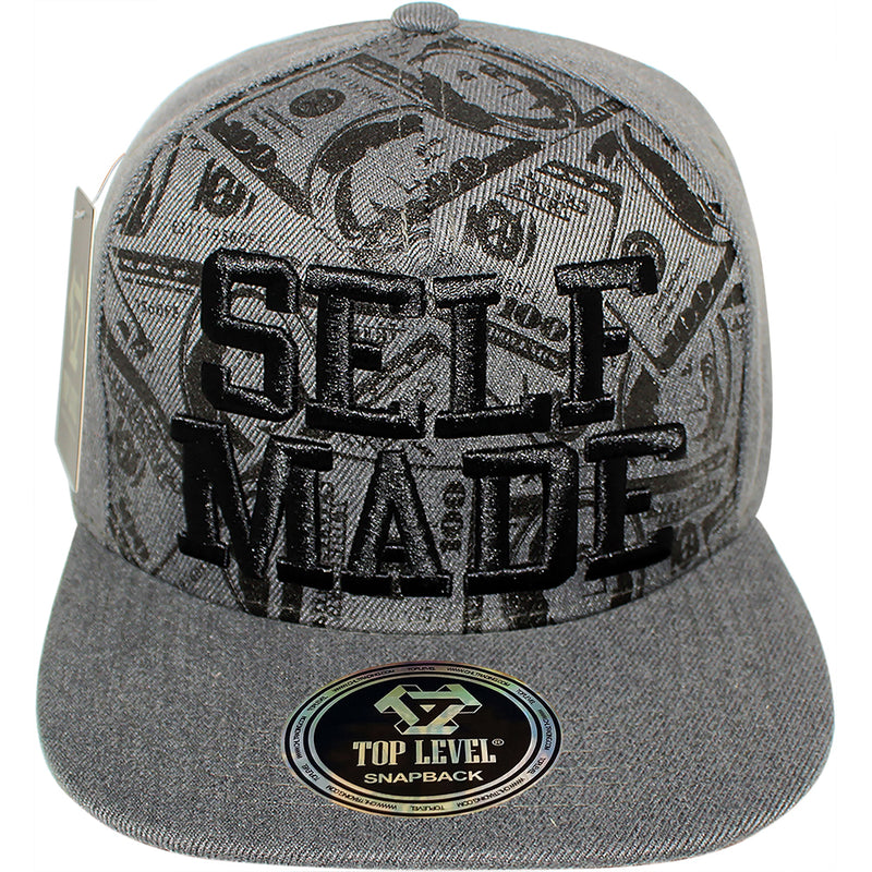 TOP LEVEL : SELF MADE | Verbiage with All-over Bill Print Design Snapback Cap