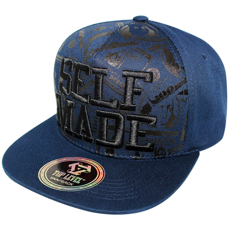 TOP LEVEL : SELF MADE | Verbiage with All-over Bill Print Design Snapback Cap