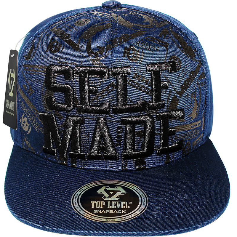 TOP LEVEL : SELF MADE | Verbiage with All-over Bill Print Design Snapback Cap