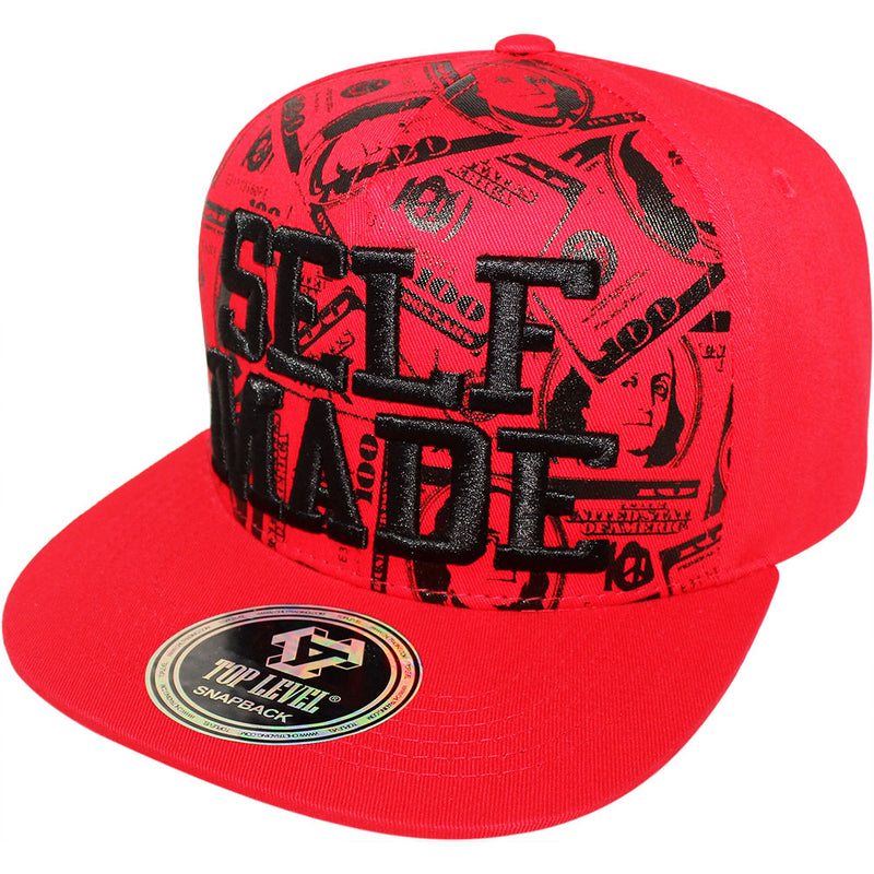 TOP LEVEL : SELF MADE | Verbiage with All-over Bill Print Design Snapback Cap