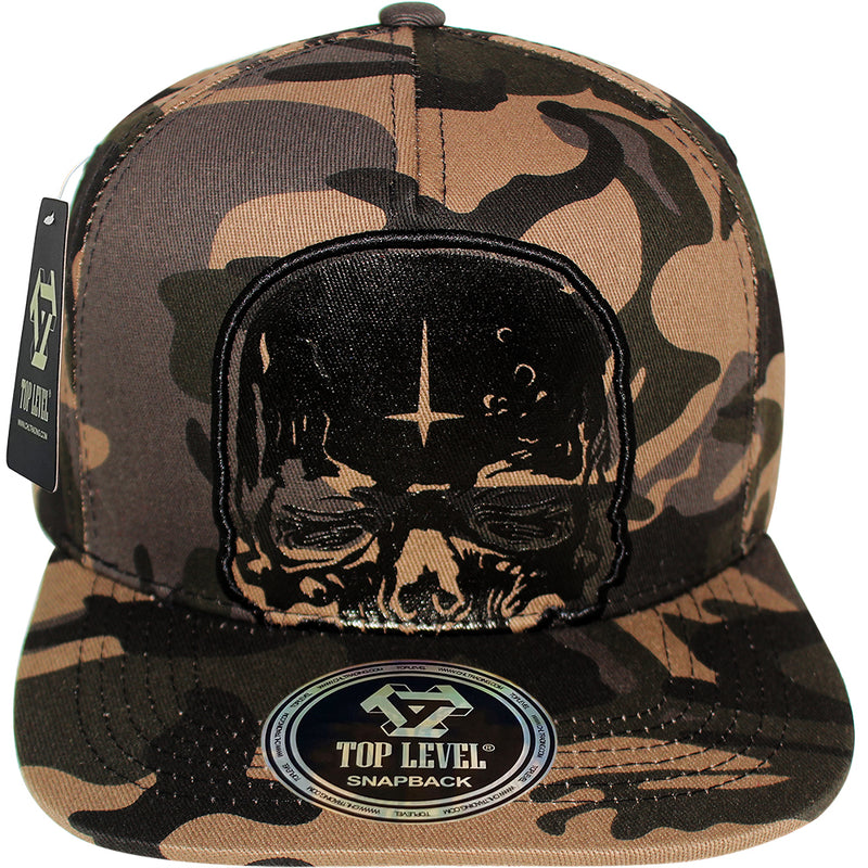 TOP LEVEL : SKULL | Head Print with Front Raised Outline Embroidery Design Snapback Cap