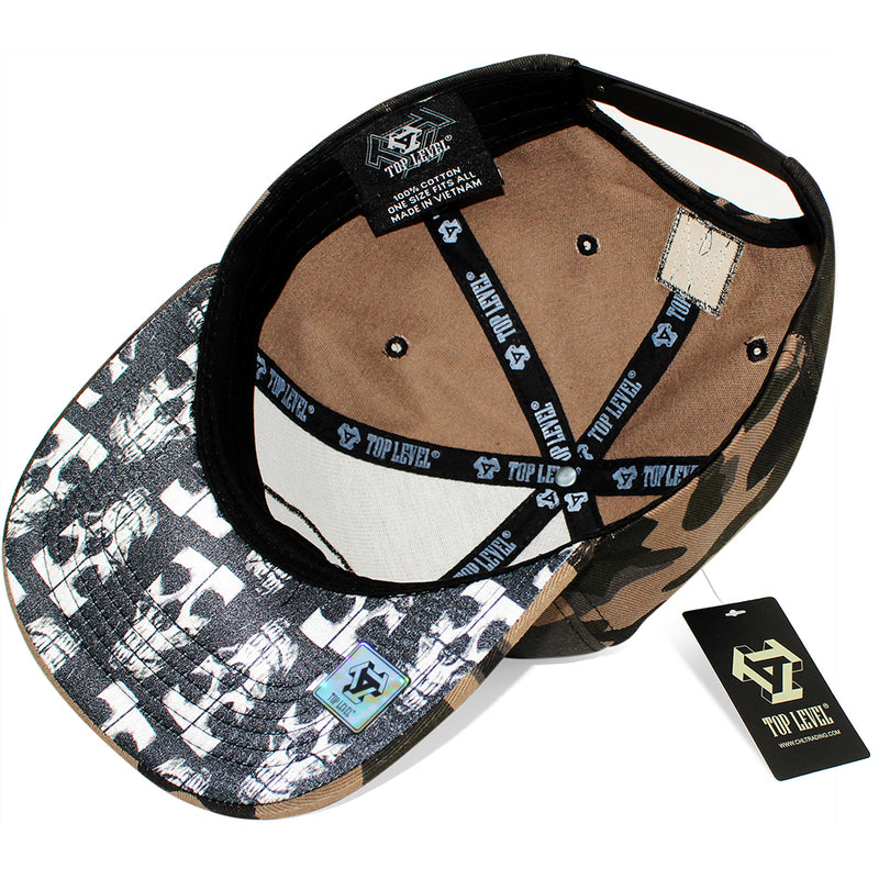 TOP LEVEL : SKULL | Head Print with Front Raised Outline Embroidery Design Snapback Cap