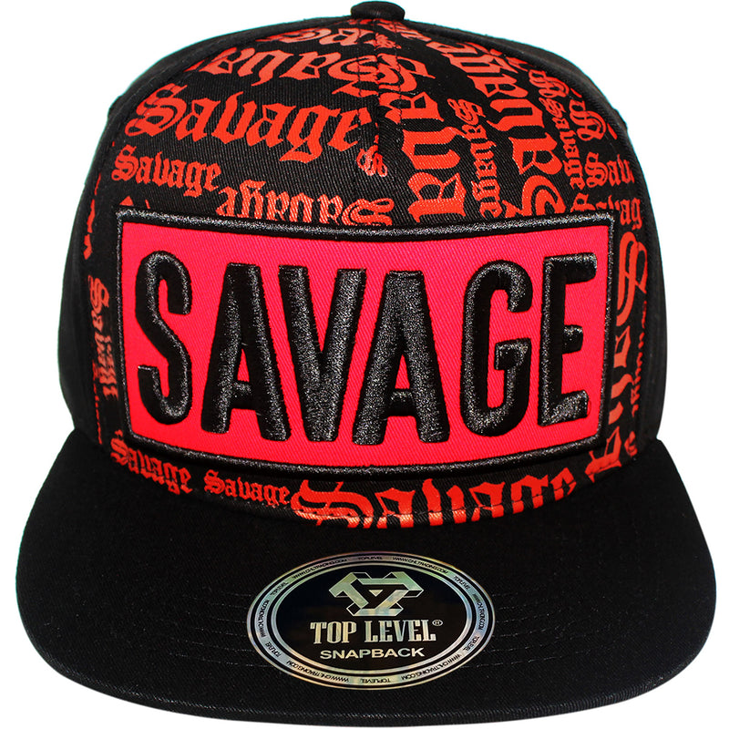 TOP LEVEL : SAVAGE | Front-raised Verbiage with Red Cotton Patch Design Snapback Cap