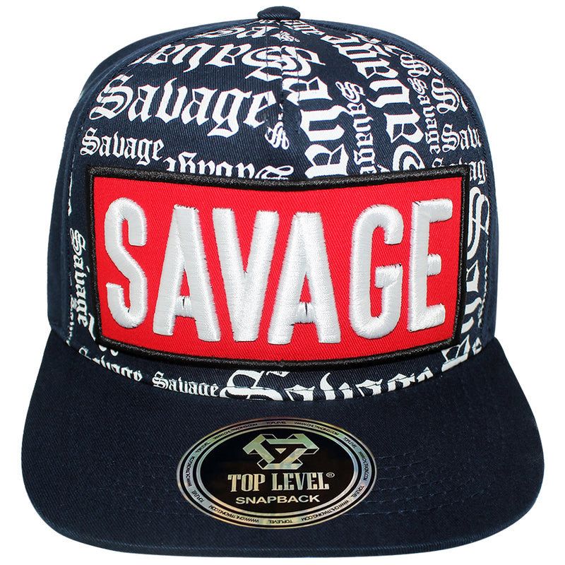 TOP LEVEL : SAVAGE | Front-raised Verbiage with Red Cotton Patch Design Snapback Cap