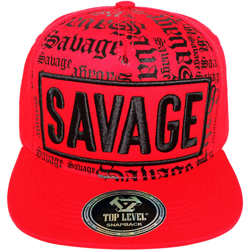 TOP LEVEL : SAVAGE | Front-raised Verbiage with Red Cotton Patch Design Snapback Cap