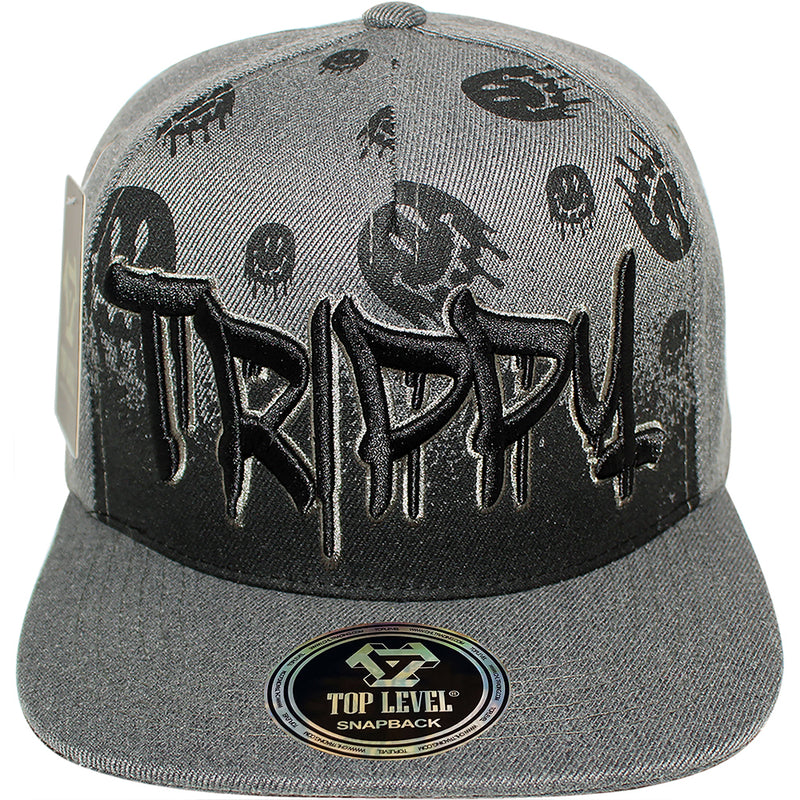 TOP LEVEL : TRIPPY | Verbiage with Drippin' Smiley Face Print Design Snapback Cap