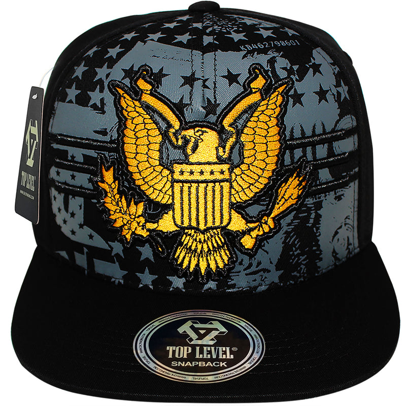 TOP LEVEL : USA | Embroidered Gold American Bald Eagle Emblem Design Snapback Cap