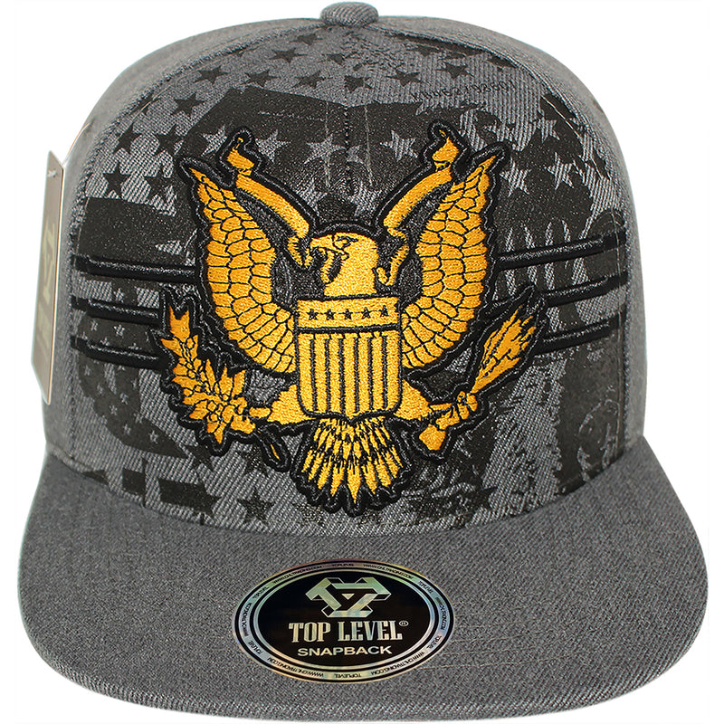 TOP LEVEL : USA | Embroidered Gold American Bald Eagle Emblem Design Snapback Cap